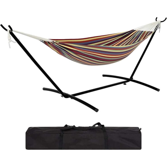 Bingirl Yellow Rainbow Stripes Heavy - Duty Double - Person Hammock with Space - Saving Steel Stand, 450lb Capacity, Portable Carrying Case and Premium Balance Beams, for Indoor/Outdoor Use