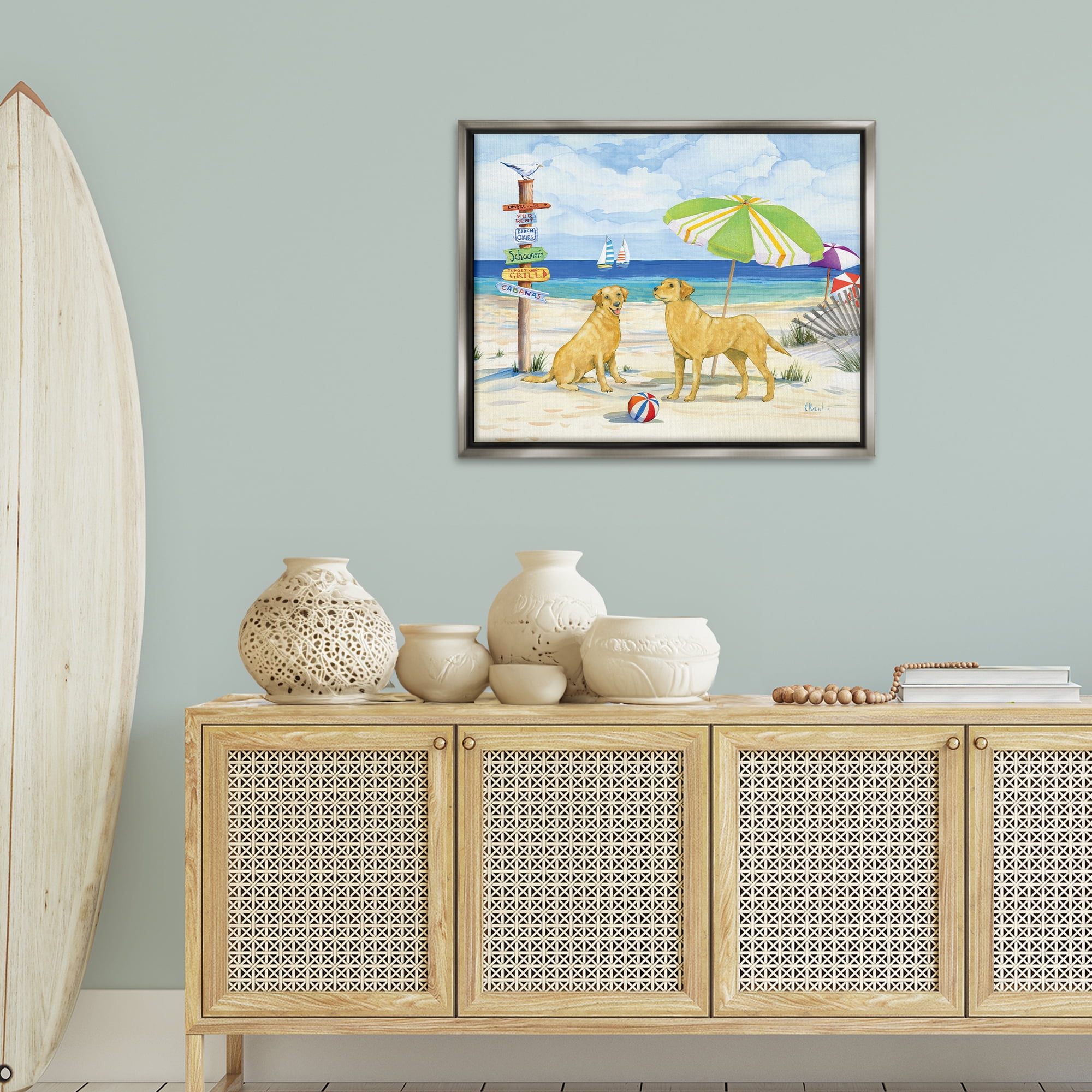 Stupell Industries Dog Beach Day Animals & Insects Painting Gray Floater Framed Canvas Art Print Wall Art, 31 x 25