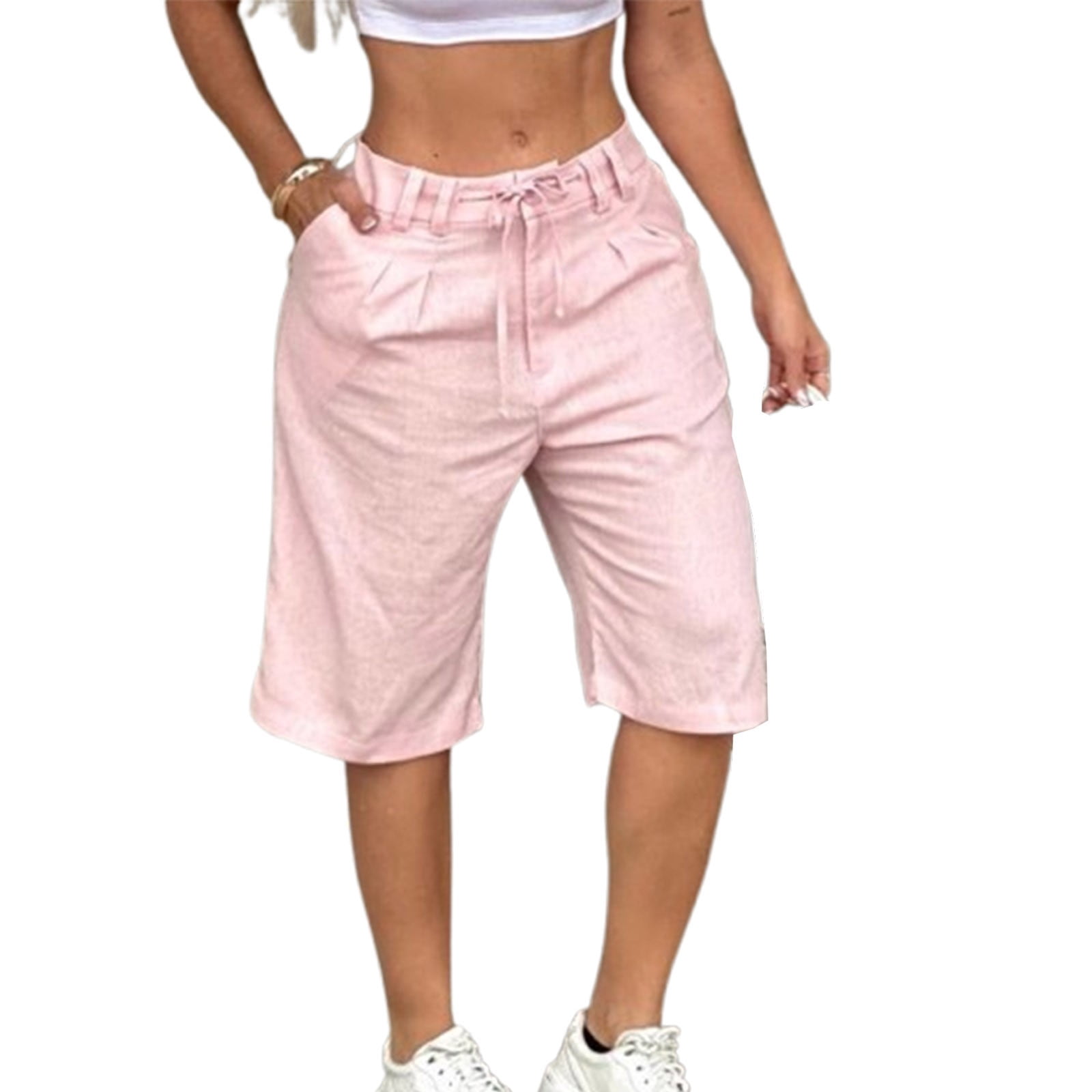NTACZA Womens Cotton Linen Shorts Pleated Dress Shorts Drawstring Athletic Shorts for Ladies XXXL