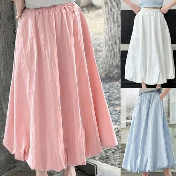 Miluxas Girls Maxi Skirts Summer Boho Solid Beach Elastic High Waist Pleated A-Line Flowy Swing Long Maxi Skirts White 15 Years(170)