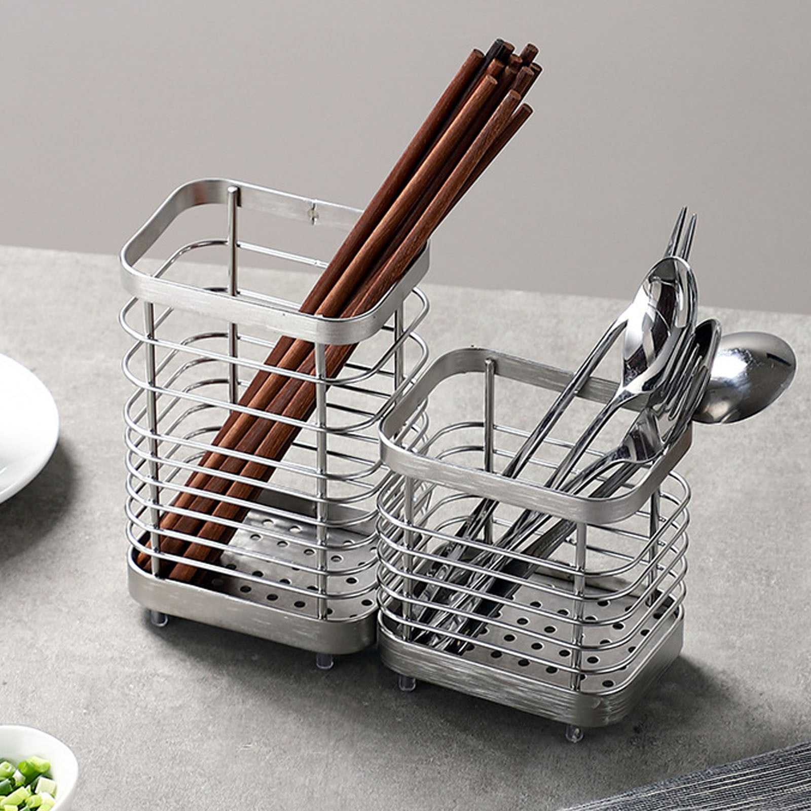 BNNG Utensil Holder, Stainless Steel Utensil Drying Rack for Kitchen Counter, Silverware Cutlery Flatware Holder with Drain Tray for Forks, Knives, Spoons, Chopsticks Organizer (Silver,S/L)