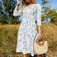 thumbnail image 4 of White Gray Leopard Cheetah Animal Print Women's 3/4 Sleeve Dresses Elegant A-Line Midi Dress Flare Summer Casual Sundress, 4 of 9