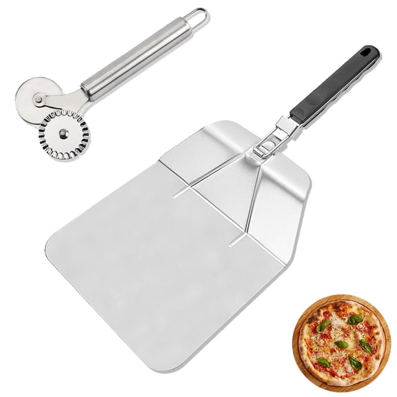 2-in-1  Stainless Steel Pizza Peel Set with Folding Handle & Multifunction Dough Cutter - Professional Pizza Shovel for Home & Outdoor Pizza Ovens, Grilling, Baking