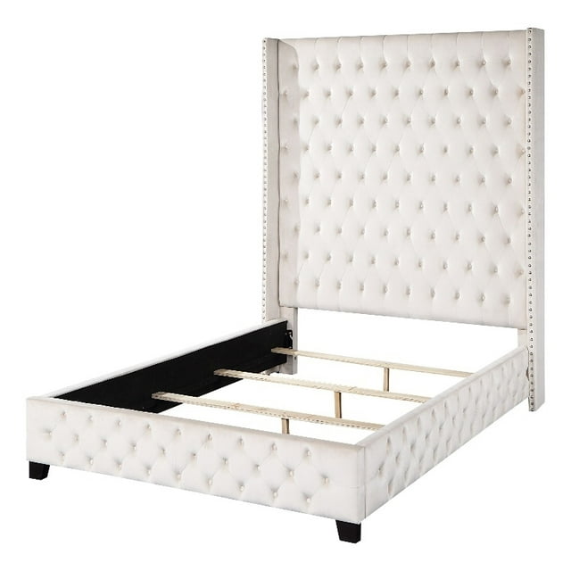 ACME Lit Très Grand Size en Velours Capitonné avec Garniture Cloutée Beige