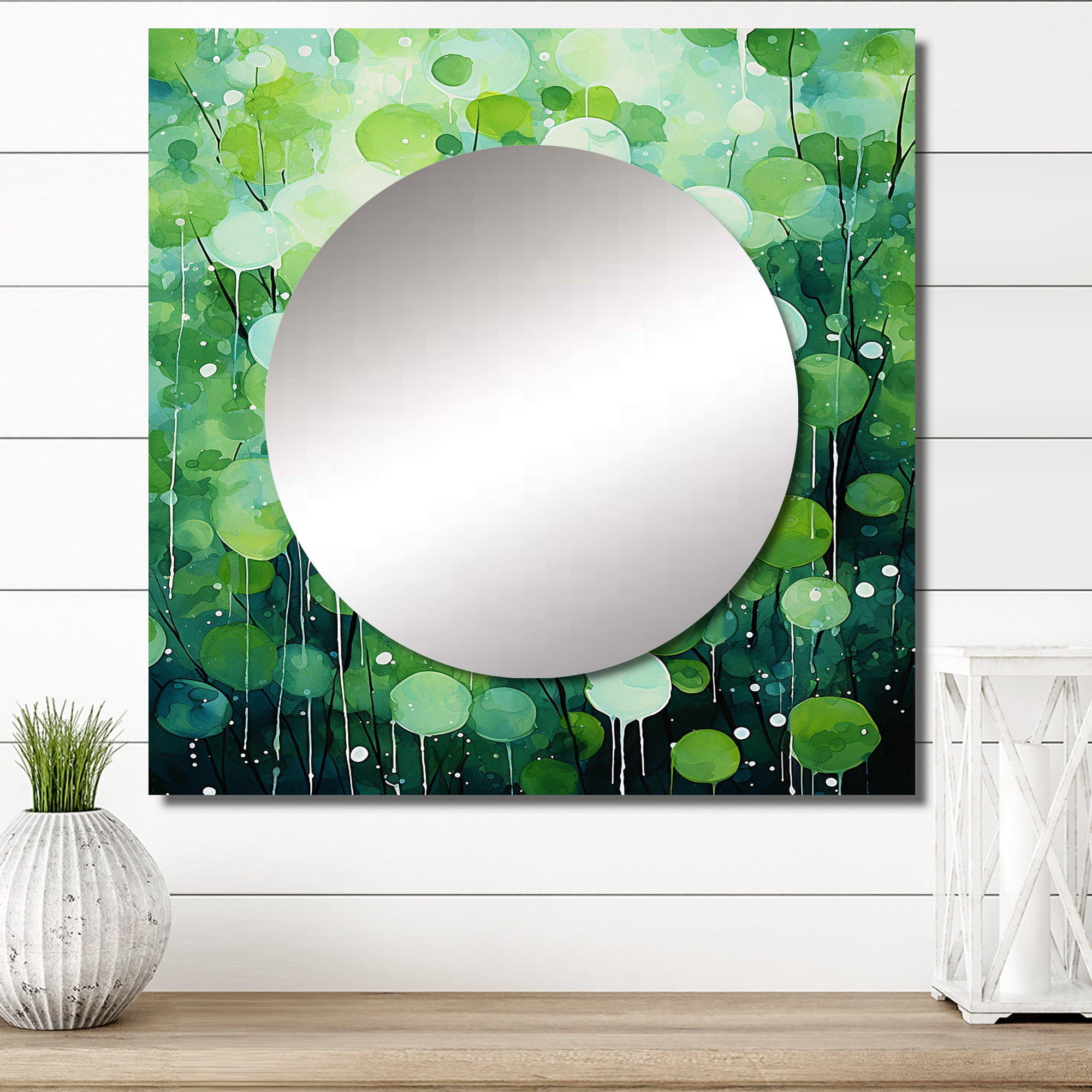 Designart "Botanical Quarters With A Quirky Twist" Abstract PopArt Square Mirror Wall Decor Modern - Large Green Square Bathroom Mirror - Square Printed Wall Mirror Art