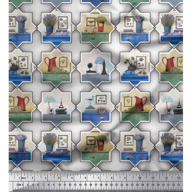 Soimoi Poly Georgette Fabric Frame,Jug & Flower Pot Patchwork Printed Craft Fabric by The Yard 42 Inch Wide