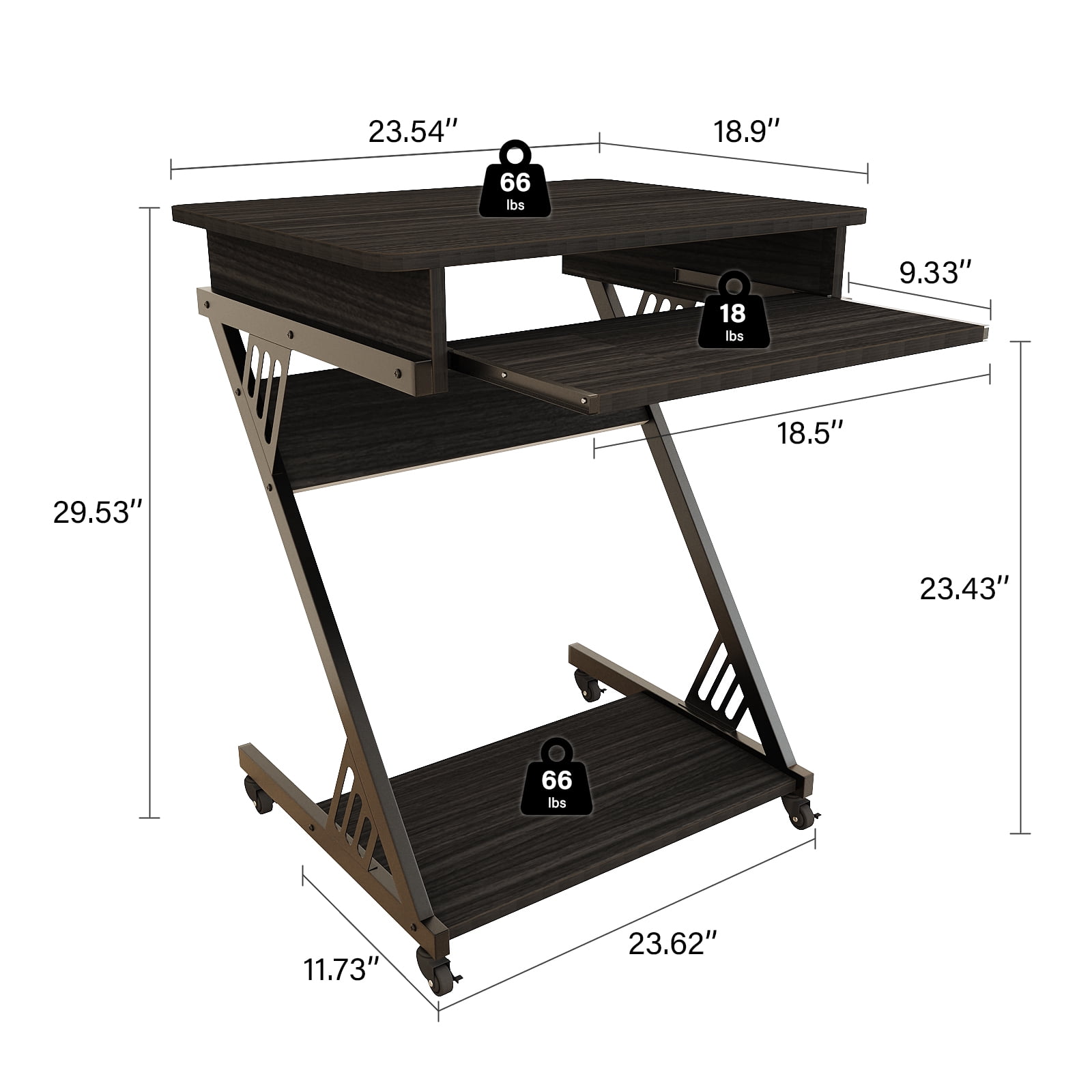 MIN EN WIN 2 Tiers Rolling Computer Desk with Keyboard Tray and Printer Shelf for Home Office, Mobile Computer Desk for Small Space, Retro Computer Table Compact PC Laptop Workstation, Rustic Black