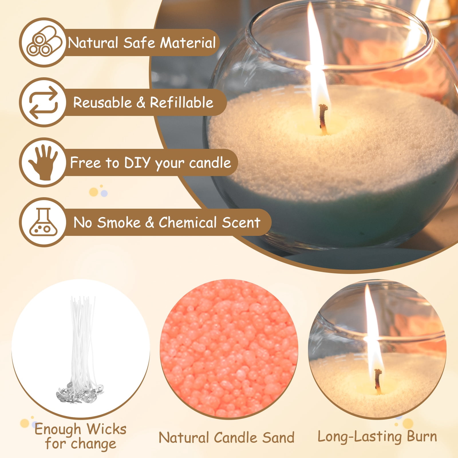 Pearled Sand Candles with 50 Pcs Wicks 21Oz / 600g Candle Beads Refillable Powder Sand Wax Making Kit for Thanksgiving Christmas Wedding Party DIY Home Crafts, Orange