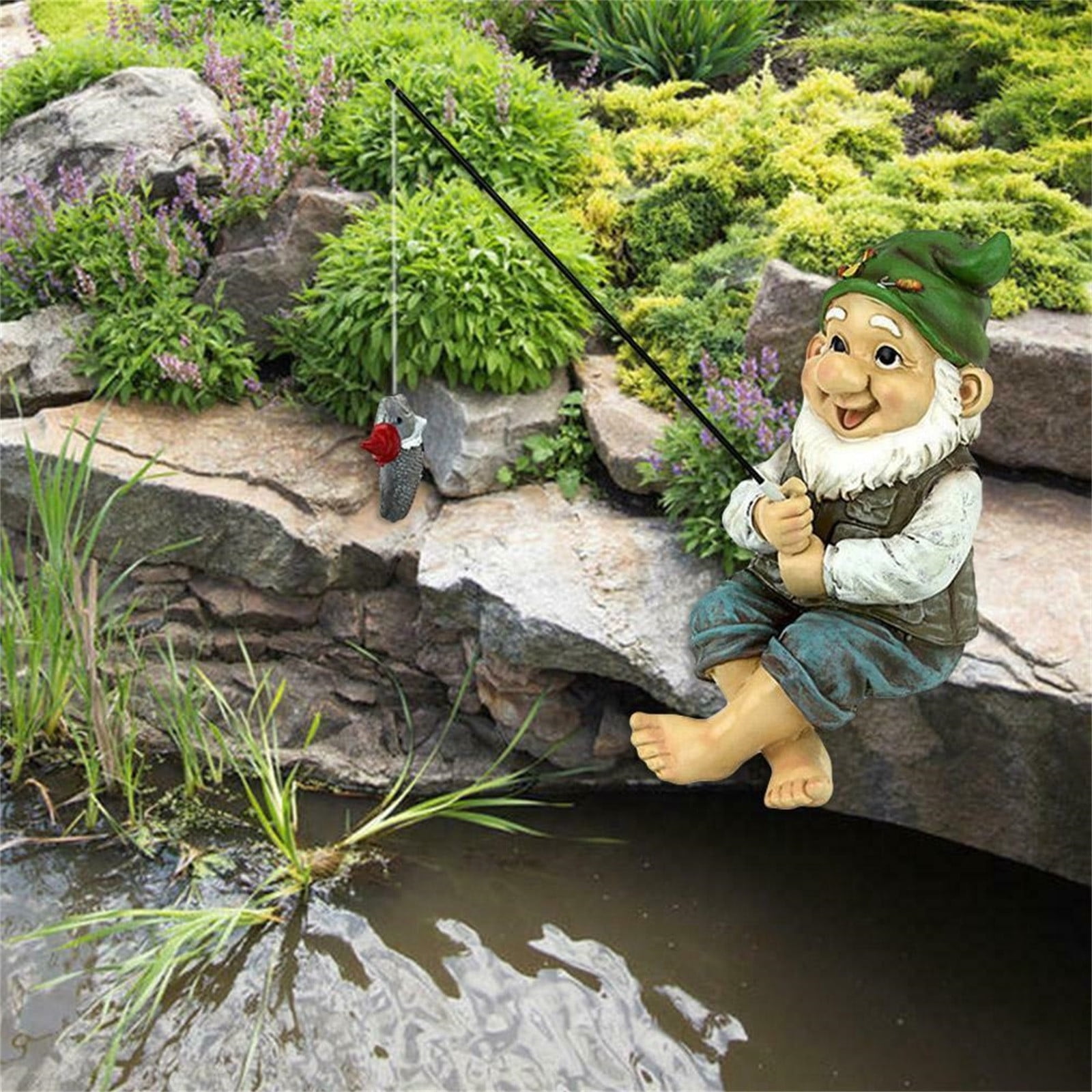 Childhood Days of Fishing Caught Fish Little Gnome Garden Desk Pond Statue 