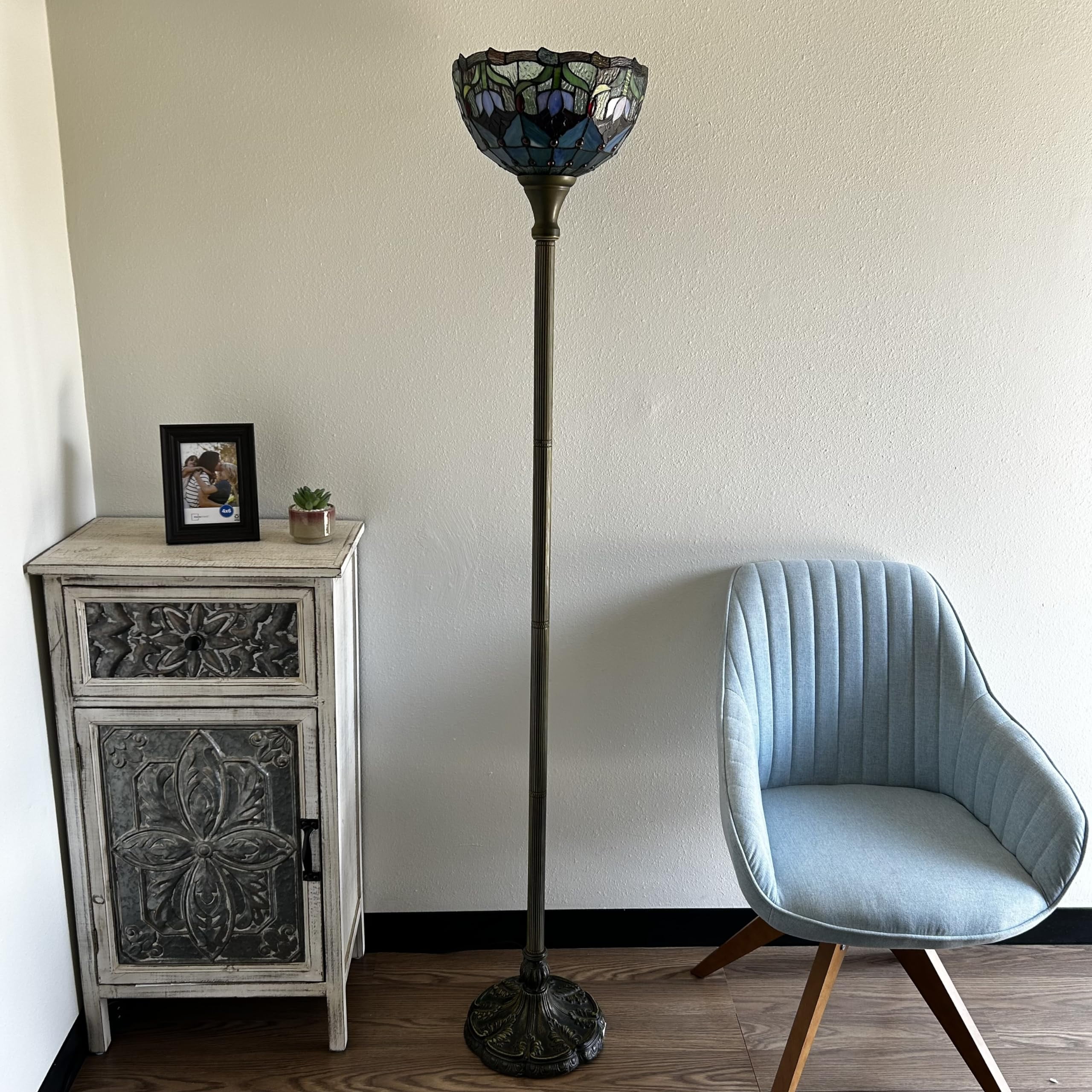 Tiffany Torch Floor Lamp Blue Purple Stained Glass Tulips LED Bulb Included For Living Room Dining Room Bedroom 12"W*12"D*66"H