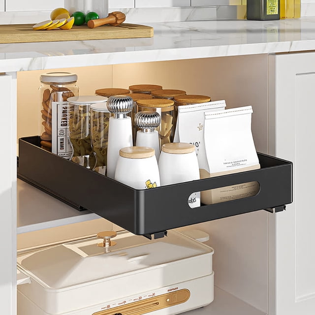 Pull-out gabinete organizer heavy-duty slide-out cajón no drill required sliding pull-out pantry estantes para cabinets ideal para para kitchen y bathroom (1 piece negra)