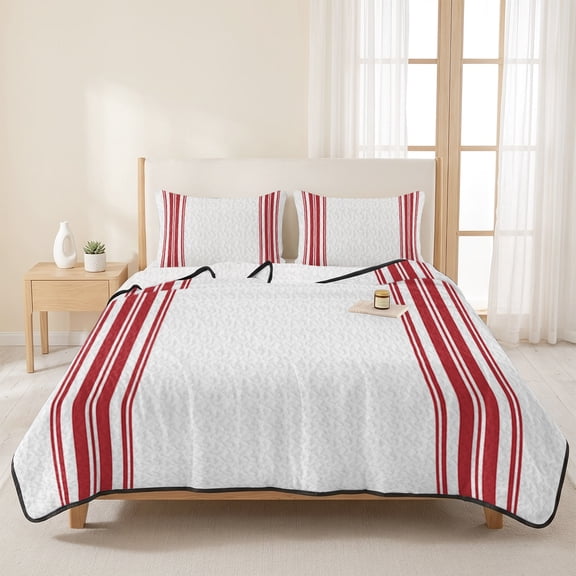3 Pieces Queen Quilt Set,Farmhouse Red Stripes Soft Bedding Sets with 1 Quilt & 2 Pillow Shams,White Summer Bedspread Lightweight Coverlet Comforter for All Season