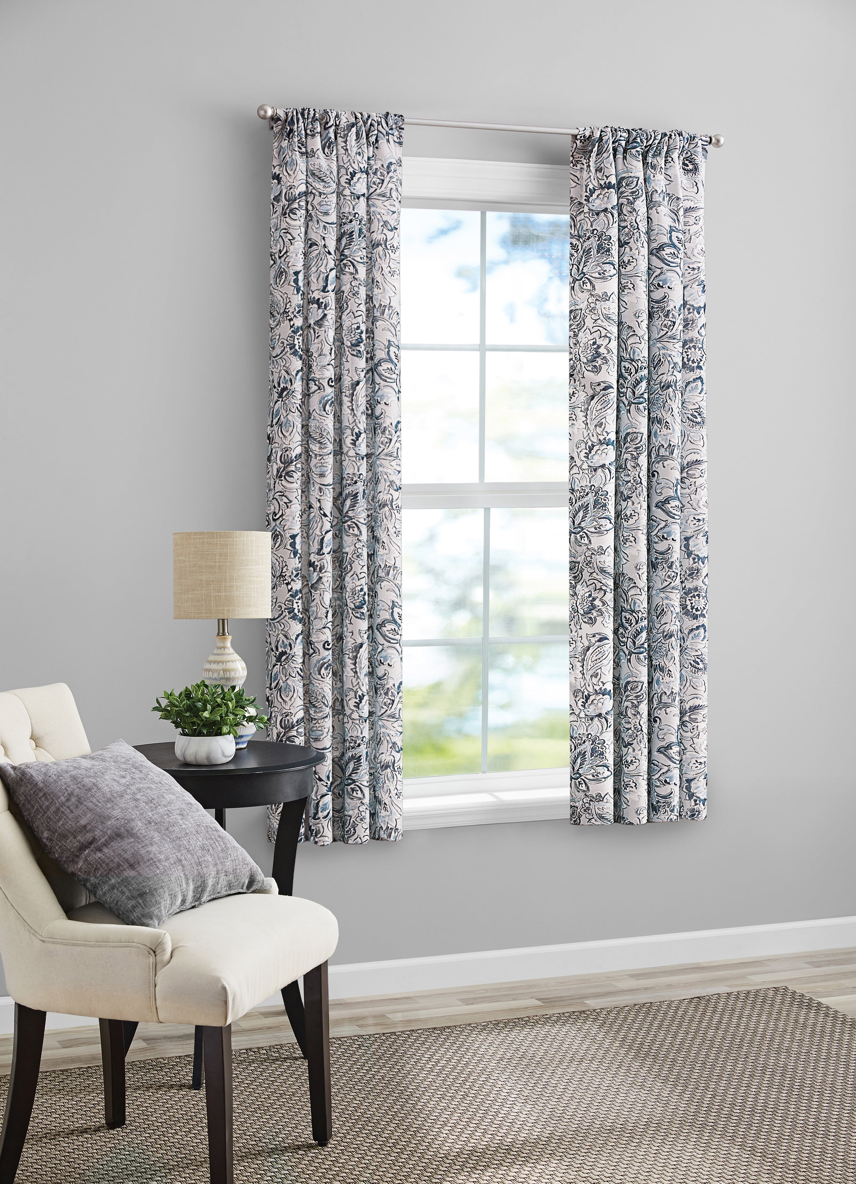 Mainstays Tille Light Filtering Curtain Panel Pair, Set of 2, Blue Jacobean, 37"W x 63"L