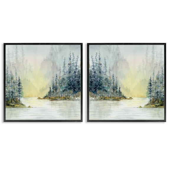 Stupell Industries Distant Deer Bear Pine Trees Landscape & Nature Painting Black Framed Art Print Wall Art, 12 x 12, Set of 2