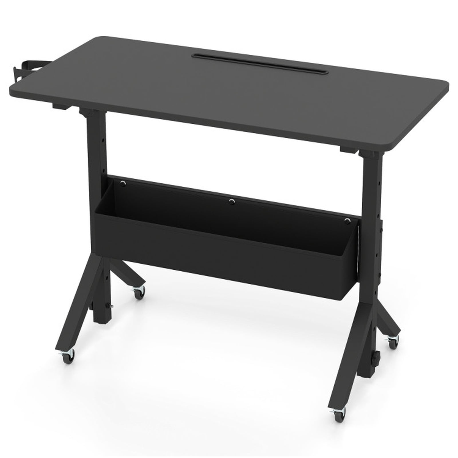 Furnibear Mobile Standing Desk and Height Adjustable Rolling Laptop Desk with Cup Holder Storage Basket and Locking Wheels for Small Spaces, Black
