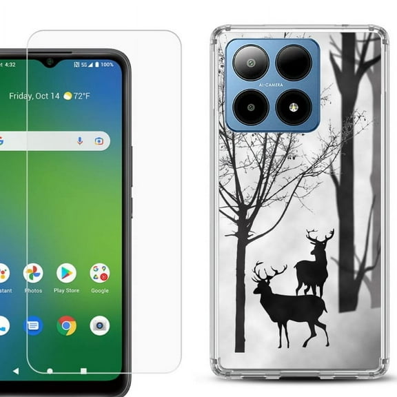 For Boost Mobile Summit 5G Shockproof Phone Case Cover with Tempered Glass Screen Protector, by OneToughShield - Forest Deer