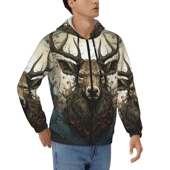 Mens Full Zip Hoodies Sweashirts Jacket Hooded Sweatshirt, Deer Antler Whitetail