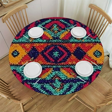 

Ollo0ord Elastic Edge Fitted Tablecloth Design Heavy Duty Aztec Texture Ethnic Pattern Table Cover Waterproof Oil-Proof PVC Table Cloth Stain-Resistant Wipeable for Round Table 38 -42