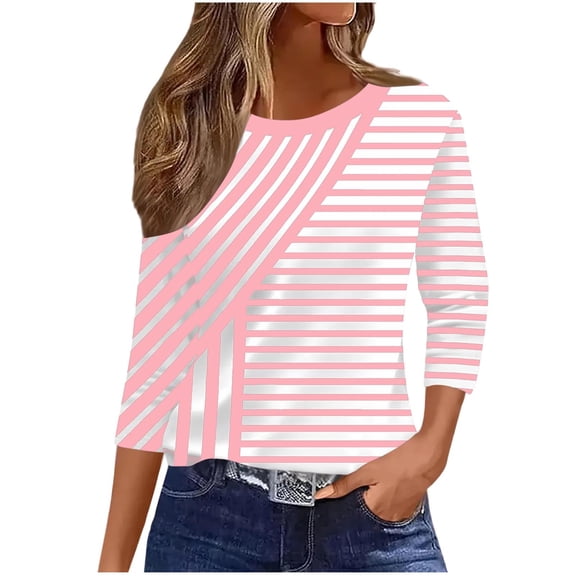 cocolona Womens Casual Striped Tops Crew Neck 3/4 Sleeve Pullover Shirts Outfits Basic Tees