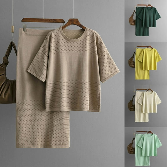 Fashion Plus Size Two Piece Sets For Women Summer Knitted Solid Color Half Hip Wrap Skirt Knitted Suit For Short Sleeved Shirt