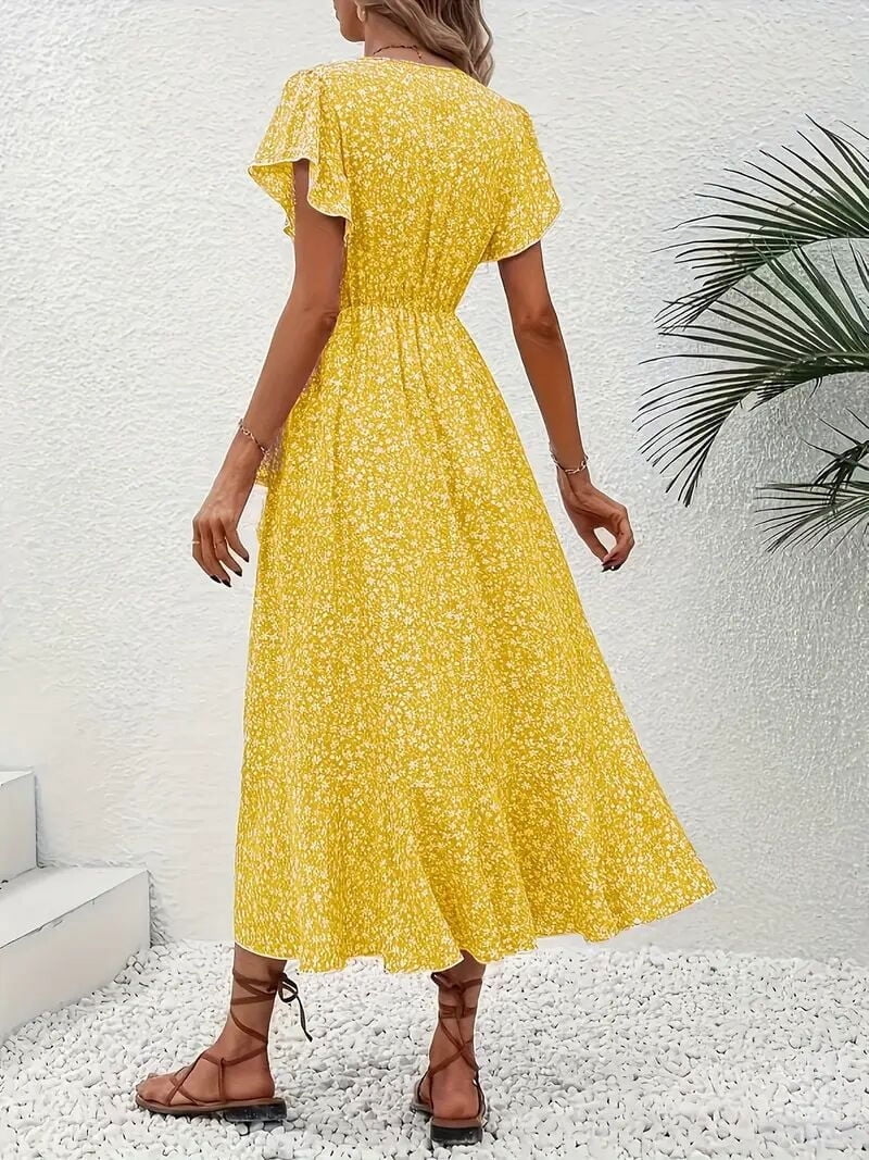 Zukuco Women's Summer Wrap Maxi Dress Casual Boho Floral V Neck Short Sleeve Ruffle Hem Flowy Split Beach Long Dresses, 2XL, Yellow Zukuco Women's Summer Wrap Maxi Dress Casual Boho Floral V Neck Short Sleeve Ruffle Hem Flowy Split Beach Long Dresses, 2XL, Yellow