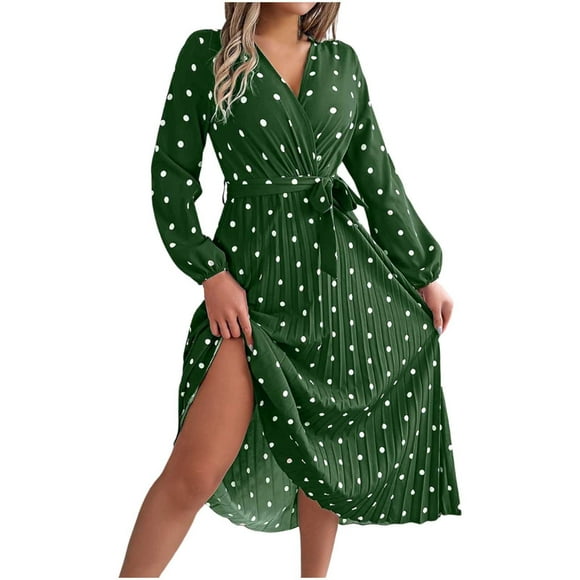 TJAZFJPA Sexy Dresses 2025 Ladies Elegant Contrast Color Polka Dot V Neck Pleated Long Skirt Vacation Dresses Formal Gowns and Evening Dresses Women Long Sleeves