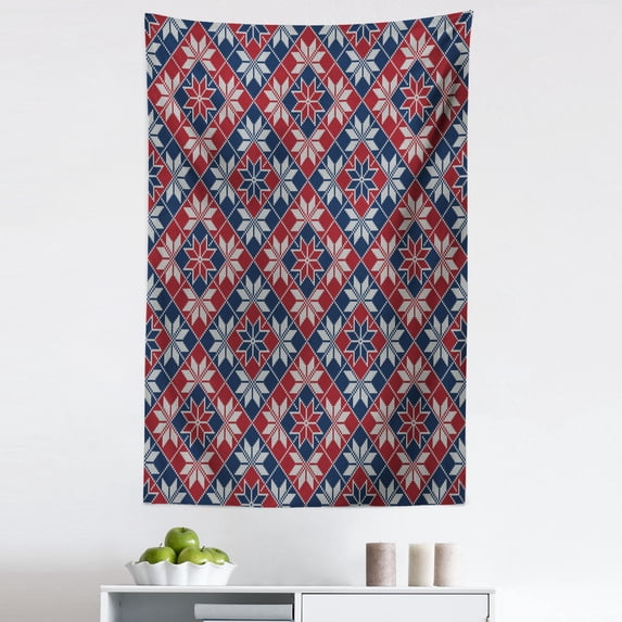 Nordic Tapestry, Wool Knit Pattern with Tartan Geometric Stripes Flower Print, Fabric Wall Hanging Decor for Bedroom Living Room Dorm, 5 Sizes, Ruby Dark Blue Coconut, by Ambesonne