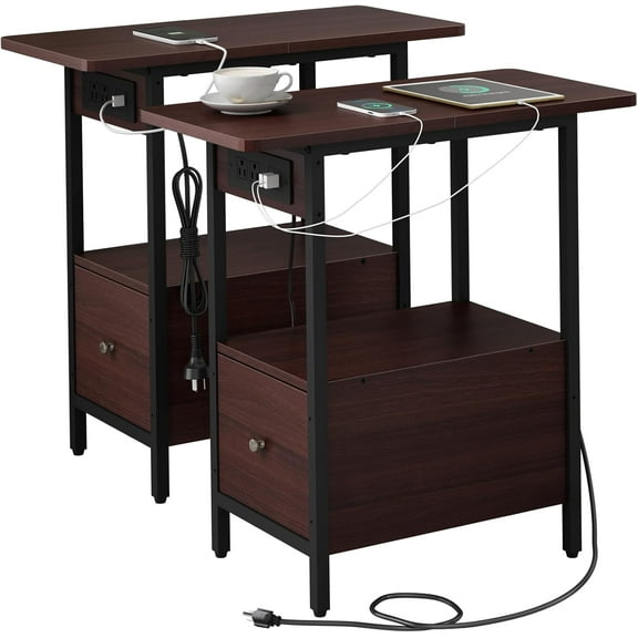 LIDYUK End Table with Charging Station, Narrow Side Table with Drawer and USB Ports & Power Outlets, Nightstand Bedside Tables for Small Spaces, Bedroom, Living Room, Dark Cherry, Set of 2