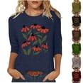 thumbnail image 5 of qucoqpe Women's Summer Fashion Floral Printed Blouses Tops Casual Loose Fit Crew Neck 3/4 Sleeve Shirts, 5 of 5