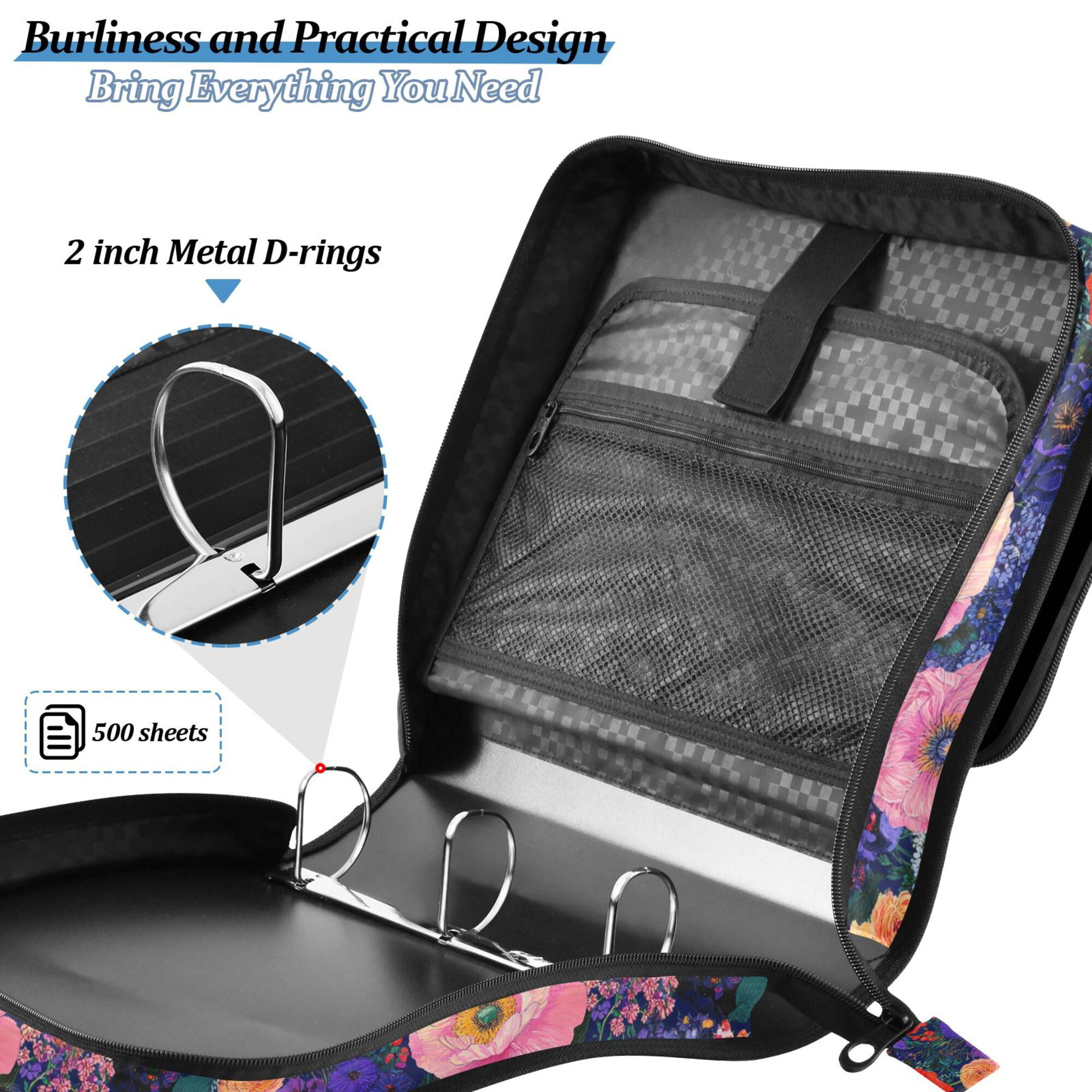 FORMRS Zipper Binder with Shoulder Strap 2-inch Ring 500 Sheet Capacity File Bag, Beautiful Floral Pattern