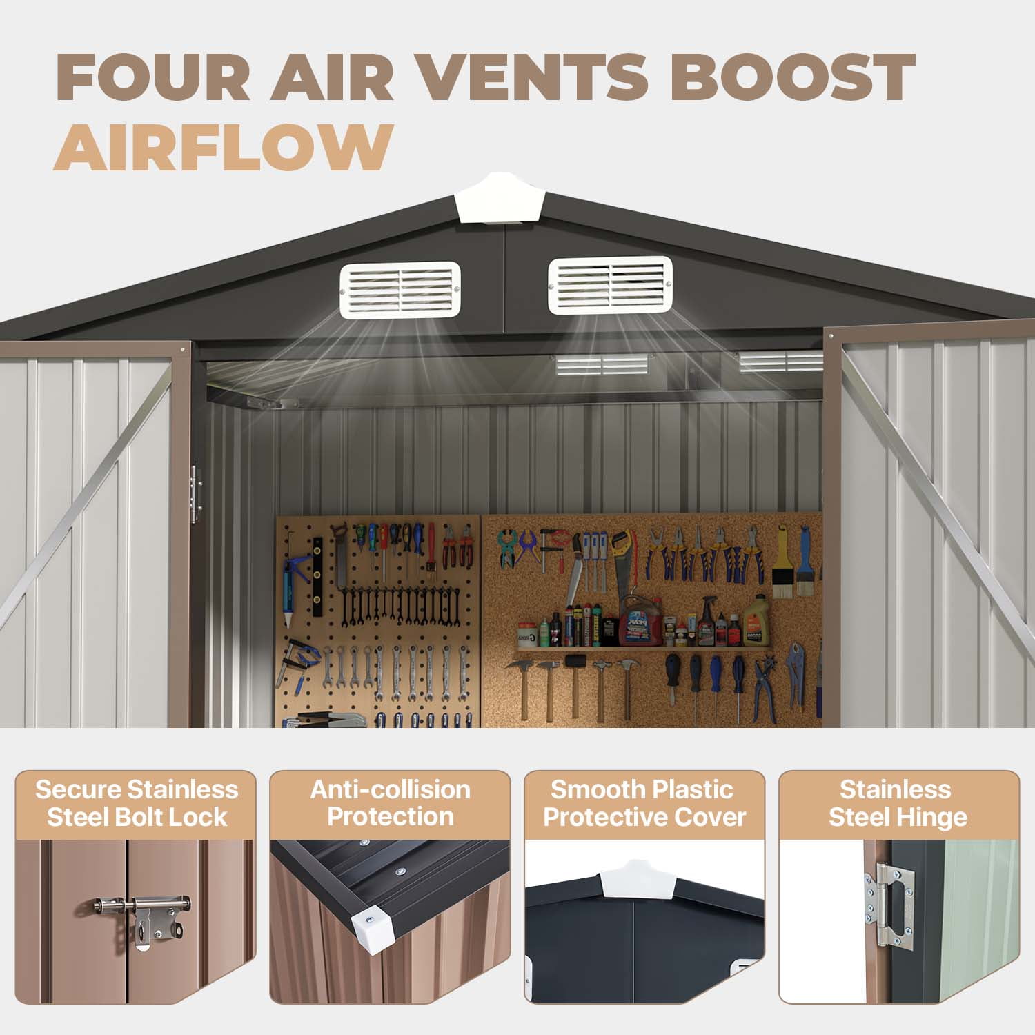 BaPiPro 6 x 4ft Metal Outdoor Storage Shed, Tool Shed with Lockable Door & Sloped Roof for Backyard & Patio, Brown