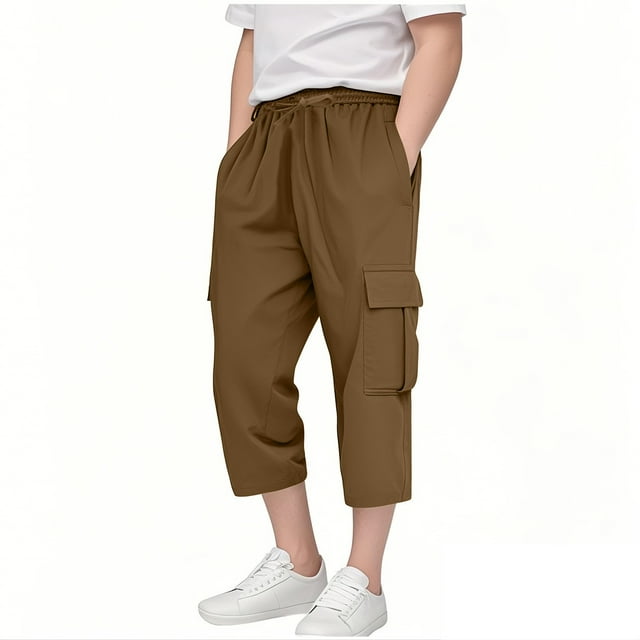 Lenpel Shorts Cargo pour Filles et Garçons, Taille Élastique avec Cordon, à Enfiler, Pantalons Capri de Randonnée en Plein Air, Légers, Décontractés, Longs, avec Poches