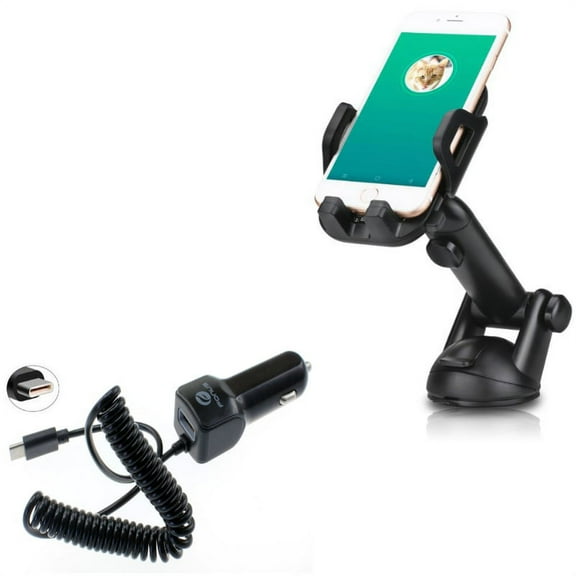 Type-C 3.1A Charger w Windshield Dash Car Mount L4J for Acer Liquid Jade Primo - Alcatel PulseMix, 7, Idol 5S 5 4S - ASUS Zenfone V Live, ROG Phone, AR 6 5z 4 Pro - Blackberry Motion, Key2