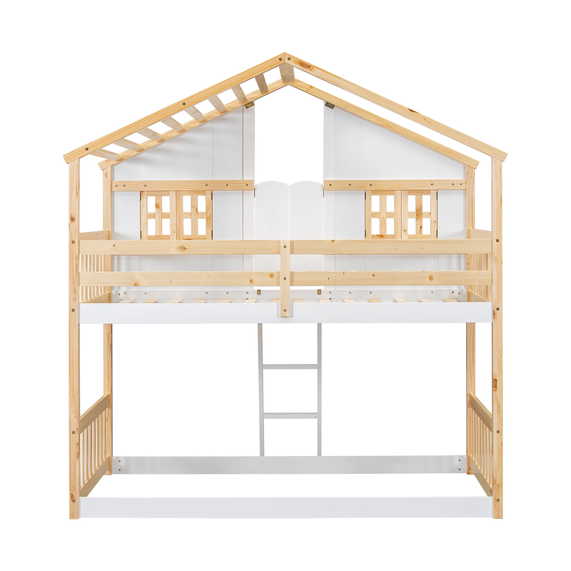 Leumius Twin over Twin Floor Bunk Bed with Ladder and Guardrails, House-Shaped-Bunk Bed with Window and Door for Boys Girls Natural+White