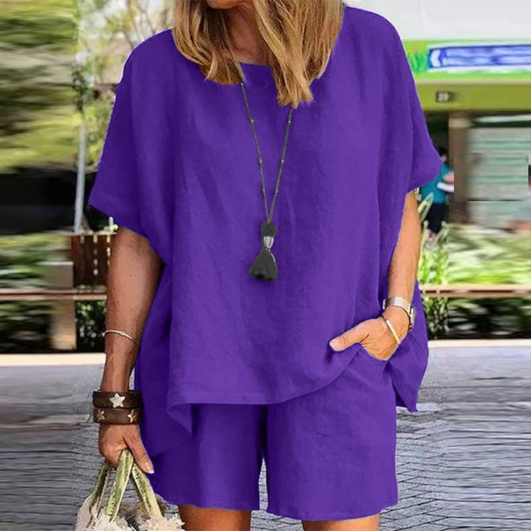 REORIAFEE Cute Outfits for Women Summer Date Night Outfit Women Casual  Summer Round Neck Short Sleeve Tops Shorts Two Pieces Set Suit Purple XL