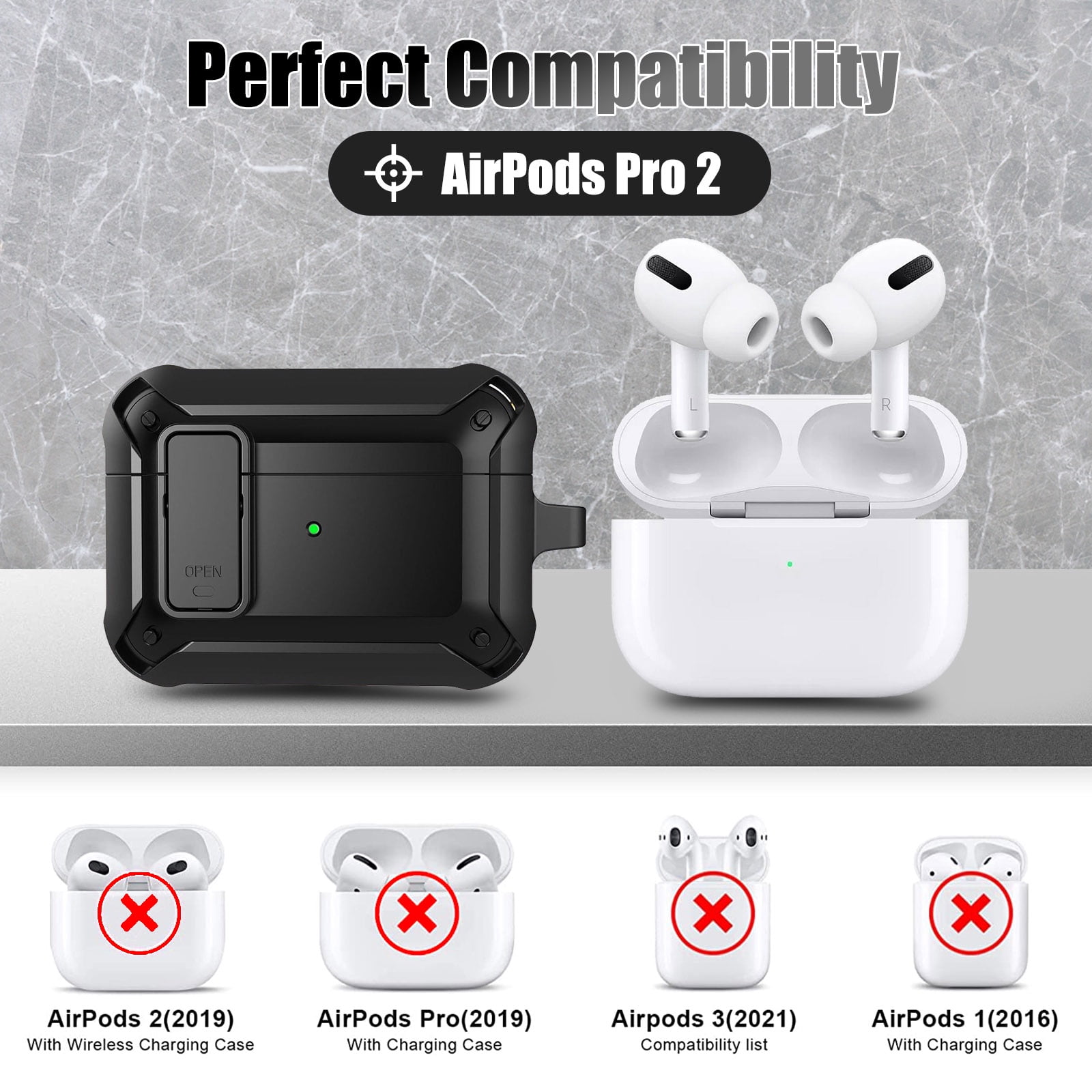 Case Cover Fits for AirPods Pro 2, TSV Protective Armor Case, TPU Rugged Shockproof Protector Skin Compatible with Airpods Pro 2nd Generation Wireless Charging, Front LED Visible, Black -