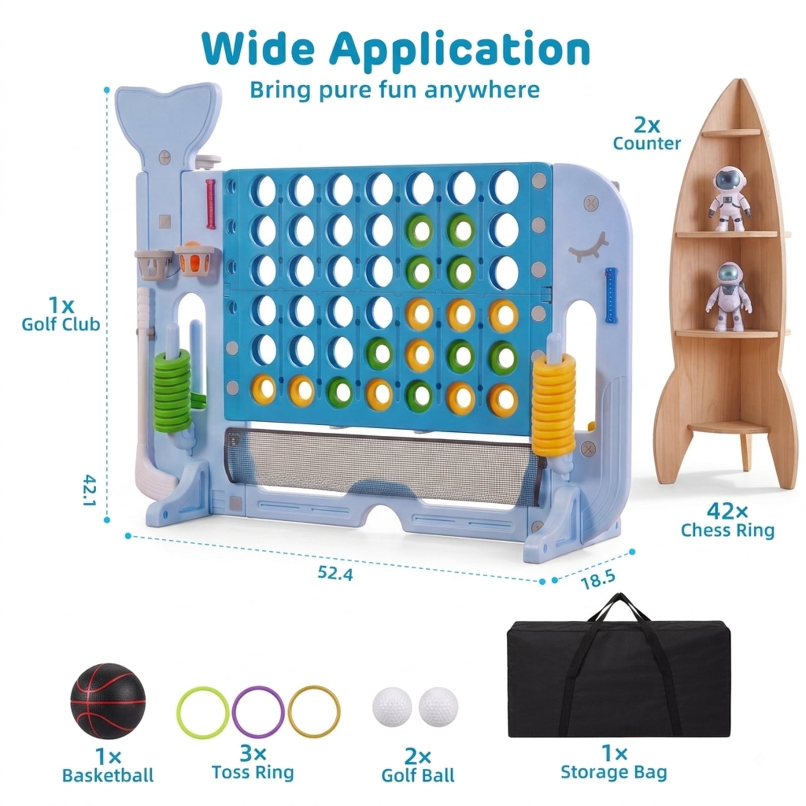 Fenbeli Whale-Shaped Giant 4-in-a-Row Game Set, 4-in-1 Outdoor Yard Game with Ring Toss, Basketball and Golf, 3-Level Adjustable Height