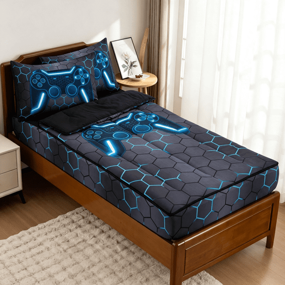 AUQ Gamer Printed Zipper Bedding Sets Twin for Kids Boys Lightweight Microfiber Geometric Comforter Set with Fitted Sheet Pillow Covers,Blue Zipper Bedding