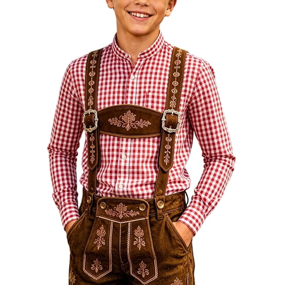 VeFlora Kids Oktoberfest Lederhosen Shirt, Boys Traditional Bavarian Plaid Stand Collar Long Sleeve Shirt, Lightweight Casual Top for Party and Daily Wear(Red/4-5 Years)