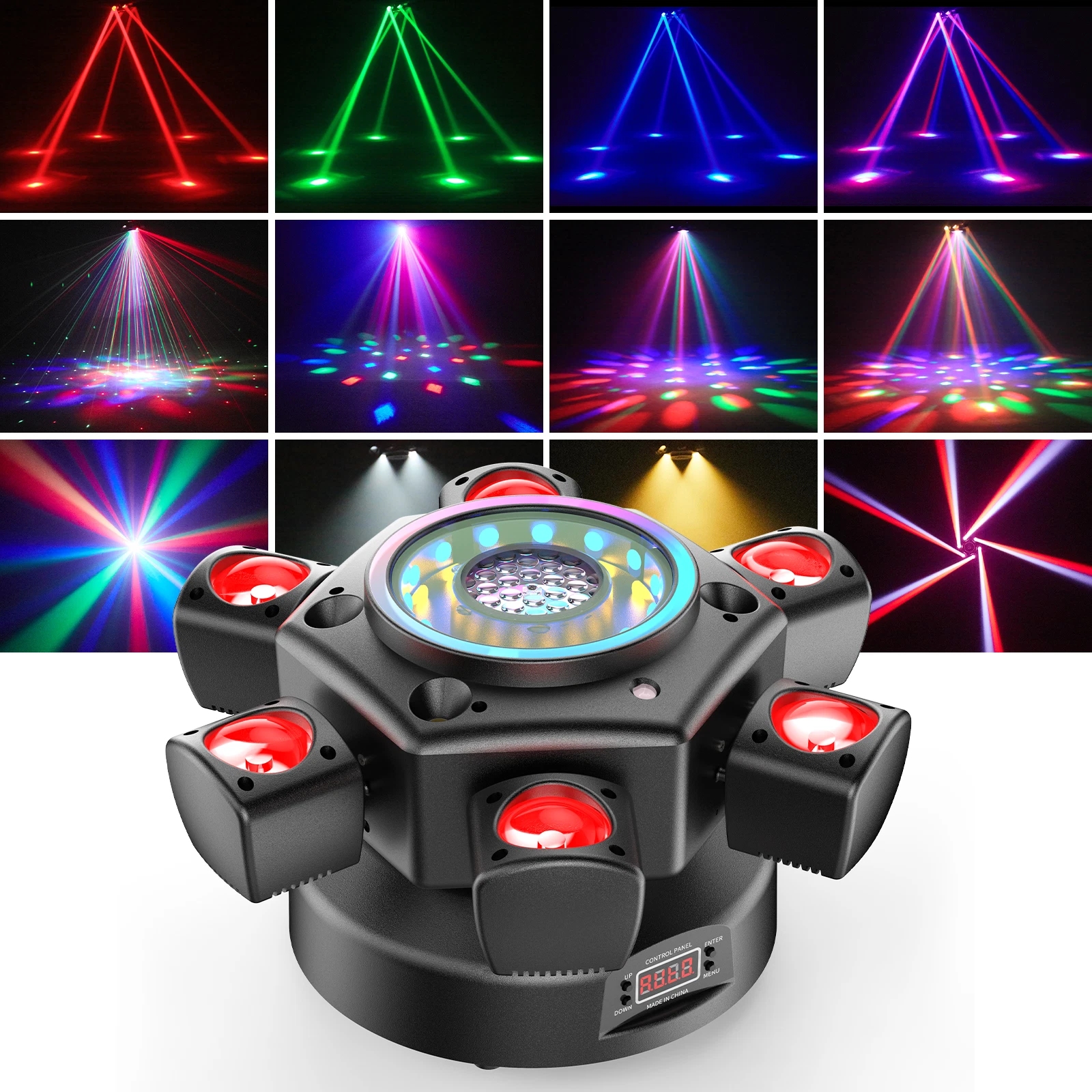 7-in-1 Moving Head DJ Light with 6 RGBW Arms, 36 Lighting Effects & DMX Control, Sound Activated Party Lighting for Disco Club Wedding Stage Bar Events