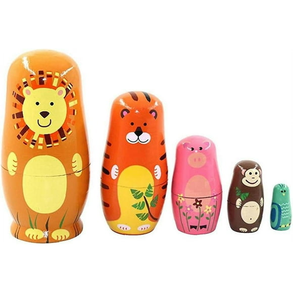 Lishi Russian Animal Nesting Dolls Set - Lion, Tiger, Pig, Monkey, Owl