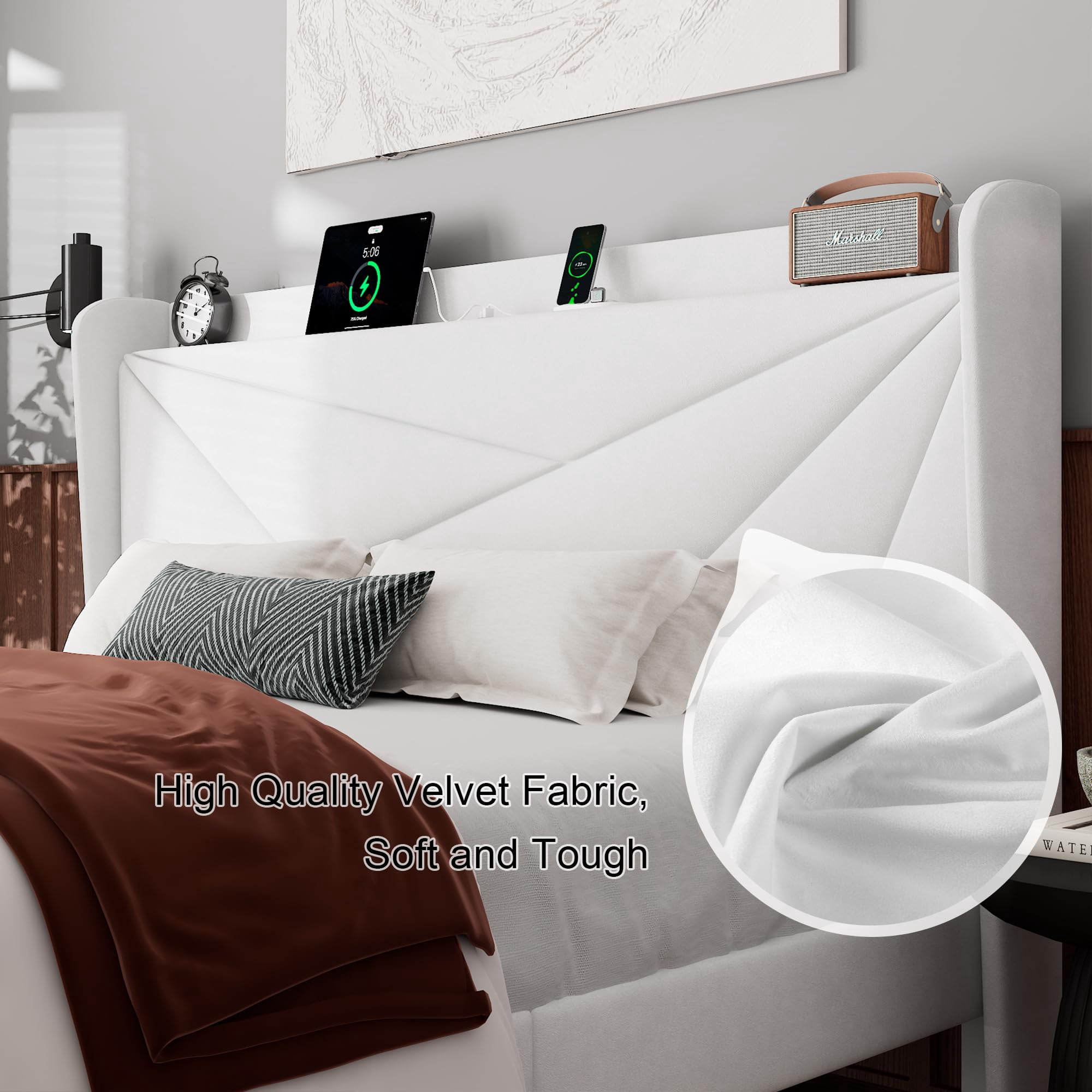 BSHTI King Size Platform Bed Frame with Charging Station (20W PD Type-C & USB), 2-in-1 Headboard, Modern Minimalist Design, Heavy-Duty Metal Frame, White