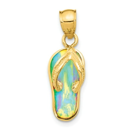 - Solid 14k Yellow Gold Polished with Created White Simulated Opal Flip Flop Pendant (8.5mm x 25.6mm)