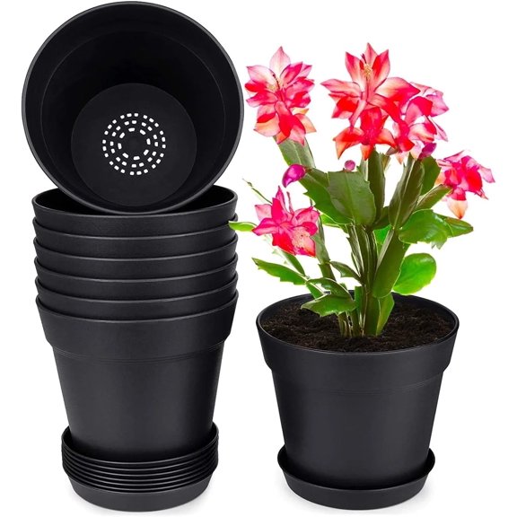 Flower Pots for Plants,Casewin 8 Pcs 4 inch Plastic Planters with Multiple Drainage Holes and Tray - Plant Pots for All Home Garden Flowers Succulents, Matte Black