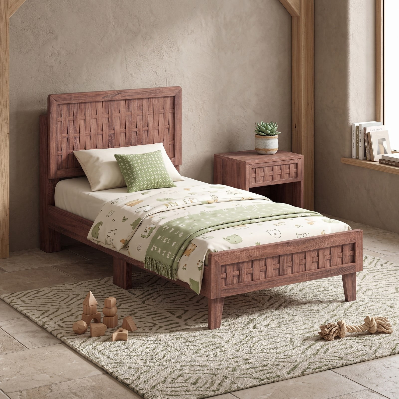 Furnibear Twin Bed Frame Wood Platform Bed with Woven Accent Headboard and 12 Plywood Slats for Kids Room, Walnut
