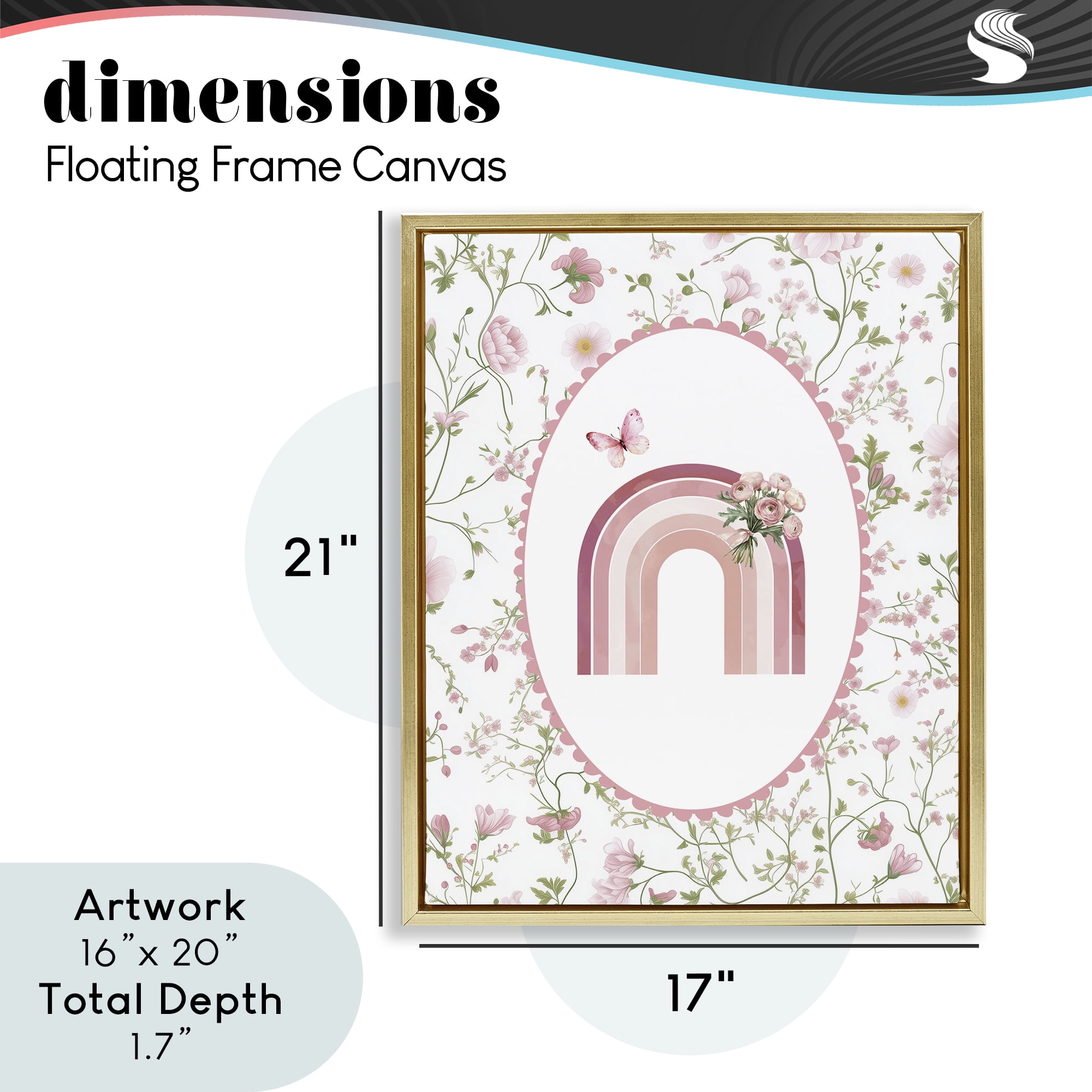Delicate Florals & Rainbow Gold Framed Floater Canvas Wall Art, design by Christine Simpson Art