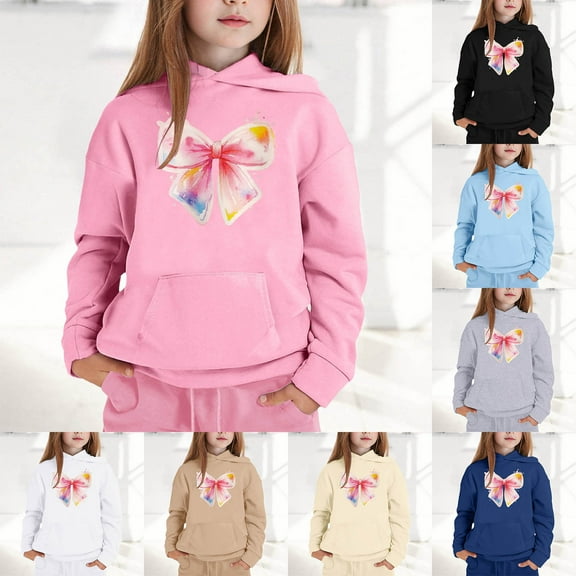 Girls Hooded Sweatshirt With Bow Printed Crew Neck Long Sleeve Casual Top For Big & Little 2025 2026 Fall Winter Clothes - Beige,2-3 Years