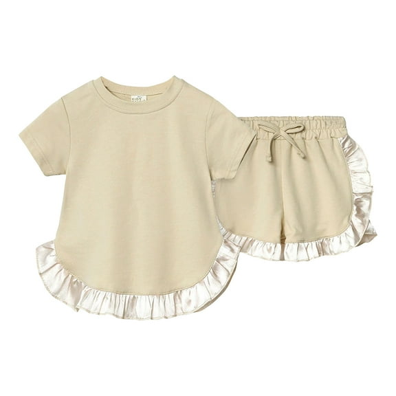Xudanell Baby Girl Summer Clothes Solid Color Lace Short Sleeve Tops Shorts Set Baby Girls Clothing Beige 3-4 Years