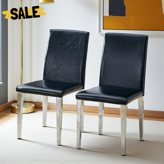 Hassch 2-Pack Modern PU Leather Dining Chairs, Upholstered High Back Kitchen Side Chairs with Silver Metal Legs for Living Room, Office, or Dining Area (Black)