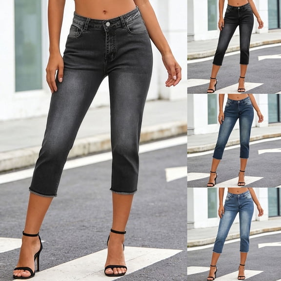 SUYIDA Capri Jeans for Women Trendy Mid Rise Capri Jeans Distressed Raw Hem Casual Summer Straight Leg Denim Capris Pants Relaxed Fit